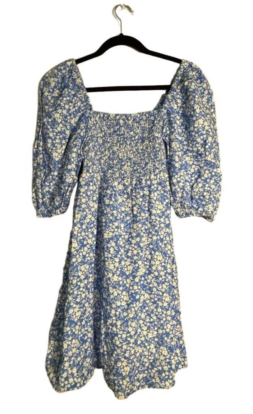 Tuckernuck Blooms on Broad Annie Dress Size XS Blue White Smocked Linen